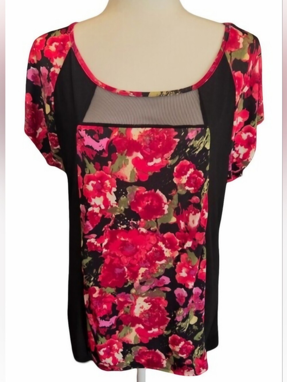 Forever Jade Y2K Floral Contrast Tunic Top Sheer Mesh Panel High-Low S